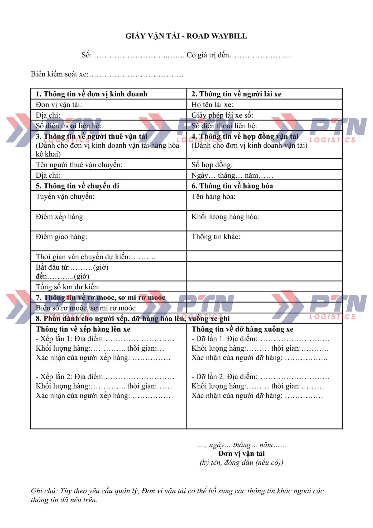 Mẫu vận đơn đường bộ (Road waybill)