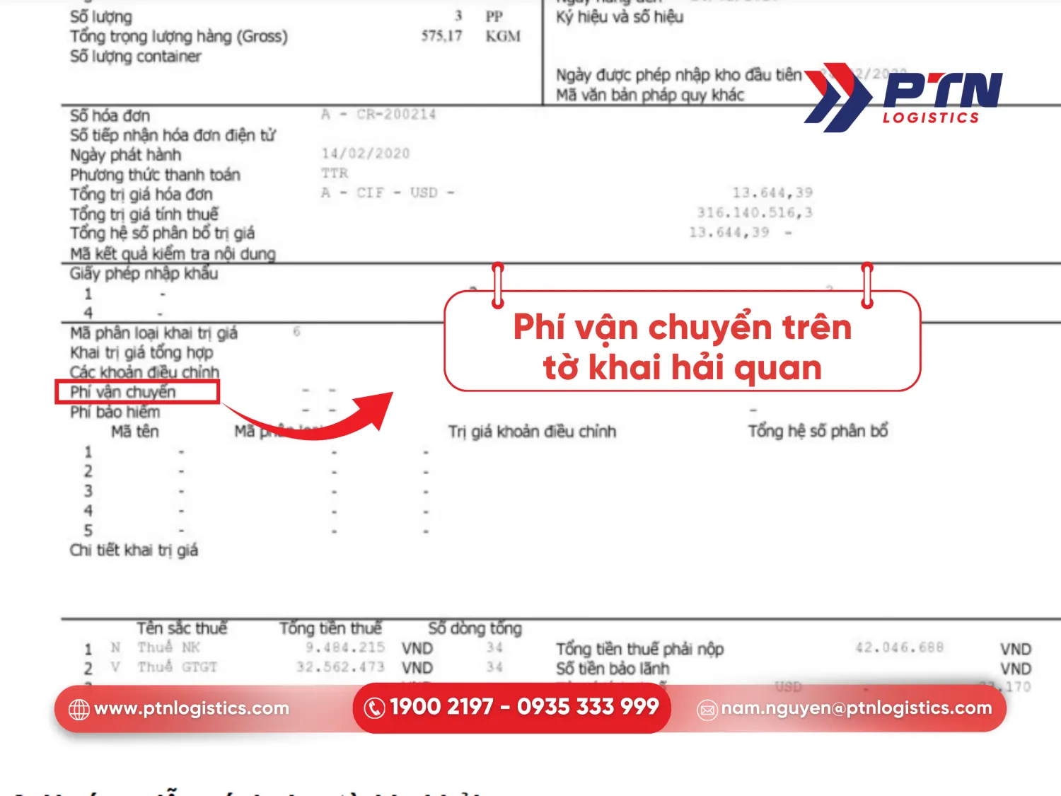 Vị trí của phí vận chuyển trên tờ khai hải quan