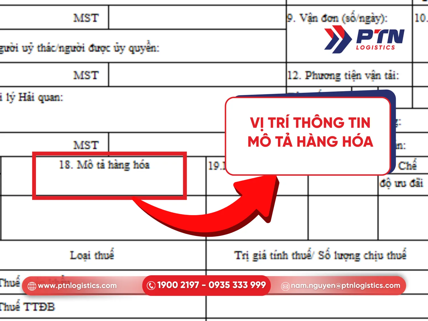 Vị trí của thông tin mô tả hàng hóa