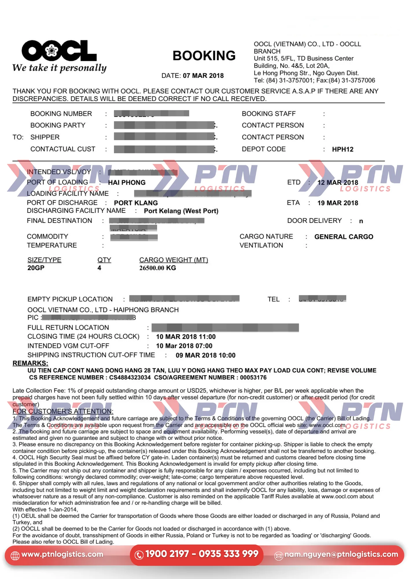 Mẫu booking note chuẩn