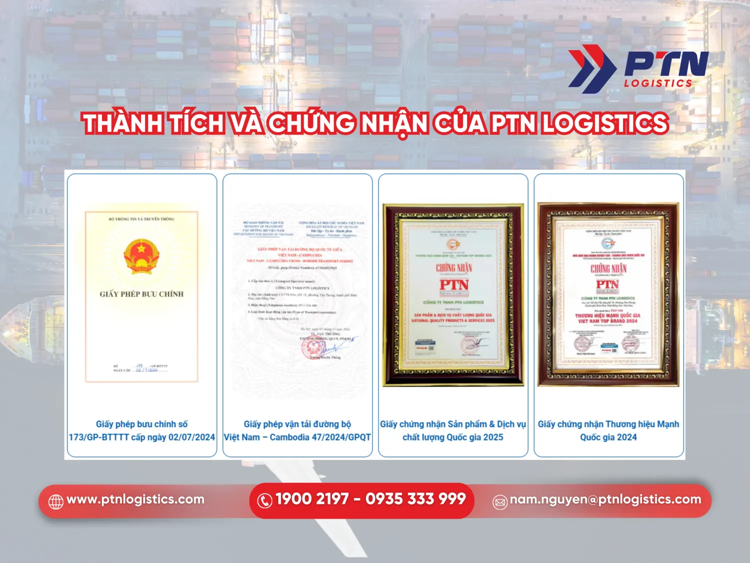 Các thành tích và chứng nhận của PTN Logistics