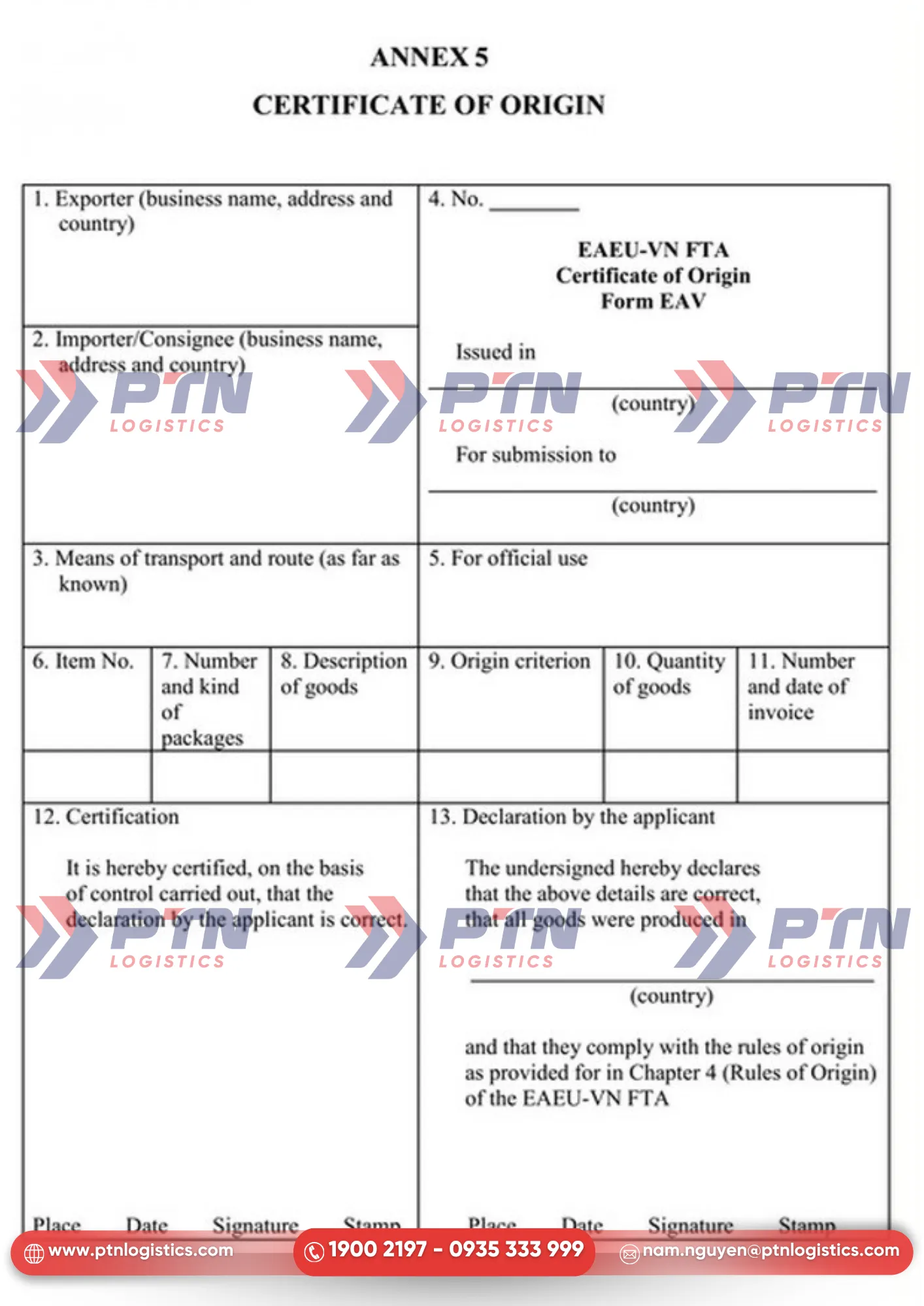 Mẫu C/O Form EAV chuẩn nhất