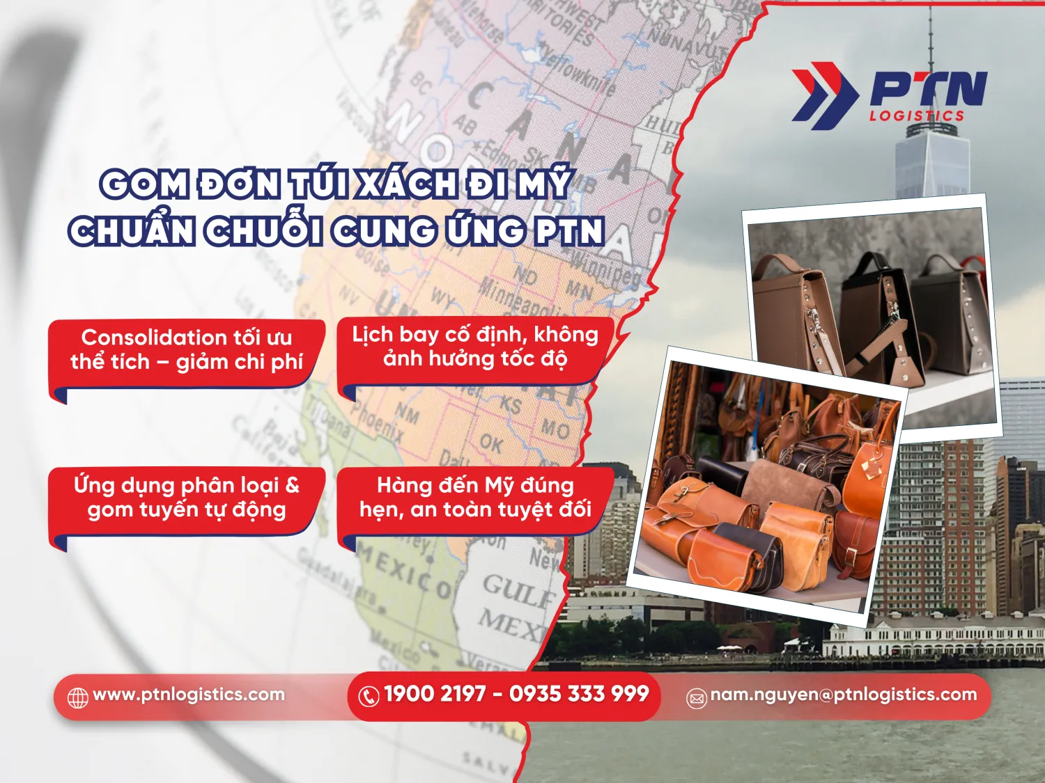 Gom đơn túi xách gửi đi Mỹ chuẩn chuỗi cung ứng tại PTN