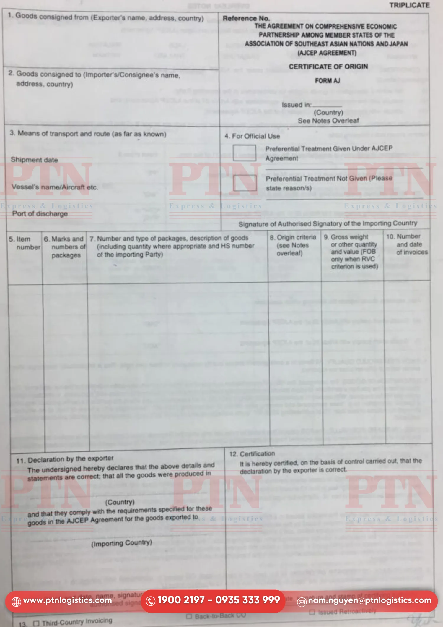 Mẫu C/O Form AJ chuẩn