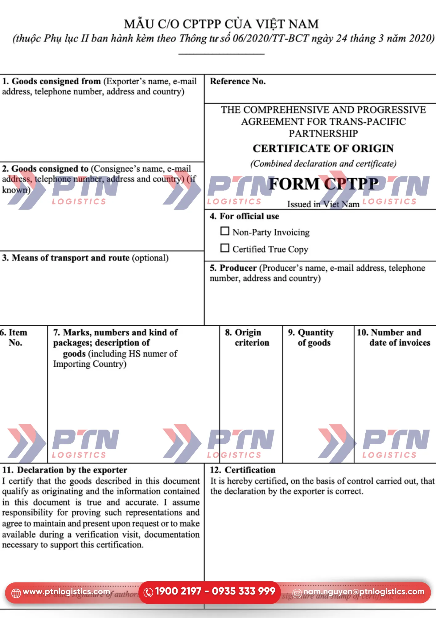 Mẫu C/O Form CPTPP chuẩn