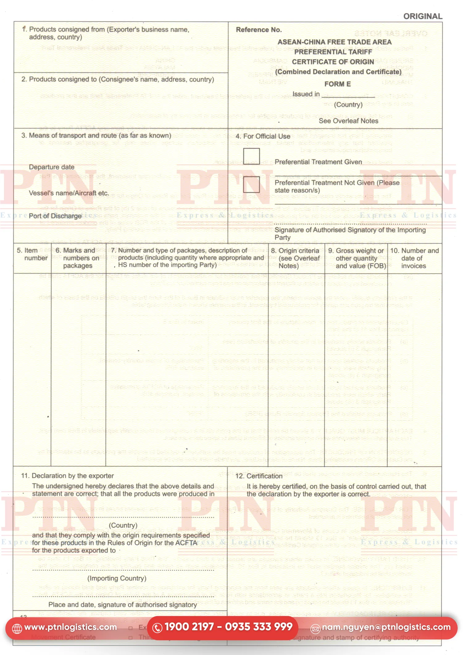 Mẫu C/O Form E chuẩn