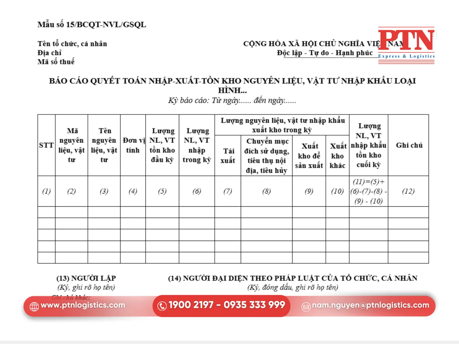 Mẫu 15/BCQT-NVL/GSQL