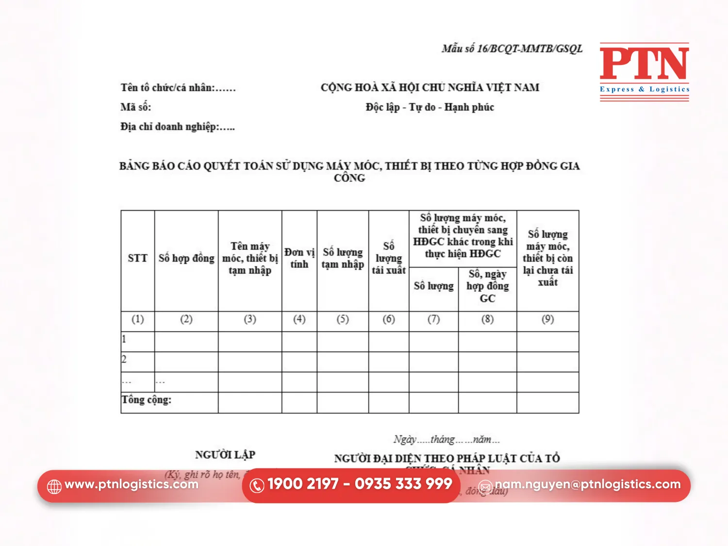 Mẫu 16/BCQT-MMTB/GSQL