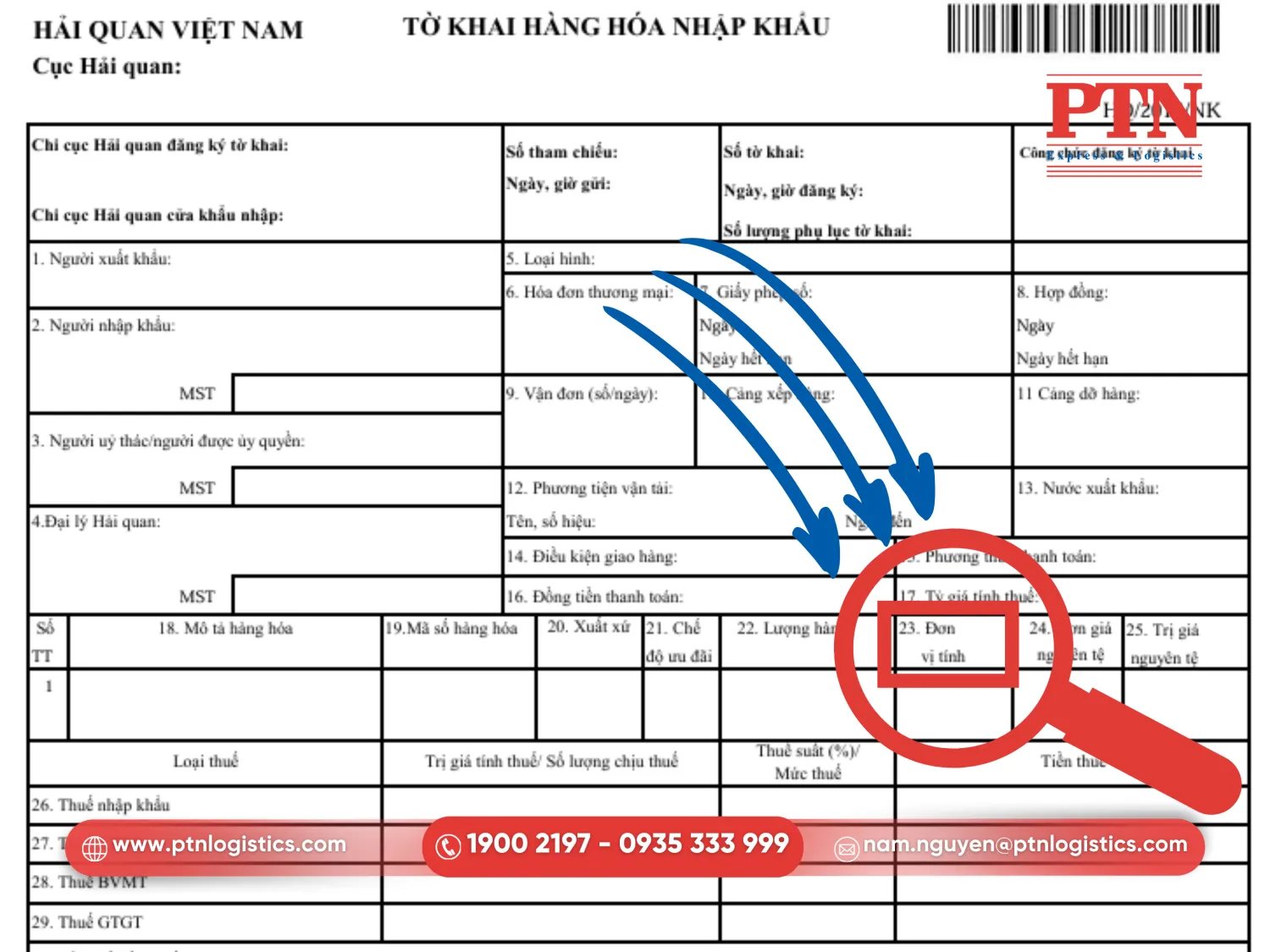 Vị trí đơn vị tính trên tờ khai hải quan