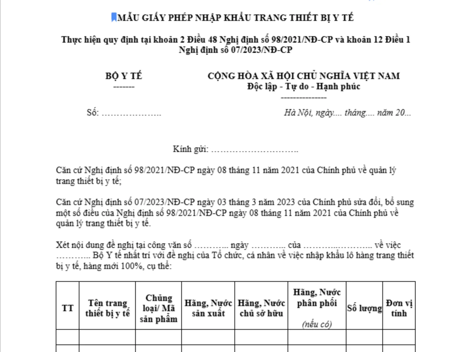 Giấy phép nhập khẩu trang thiết bị y tế