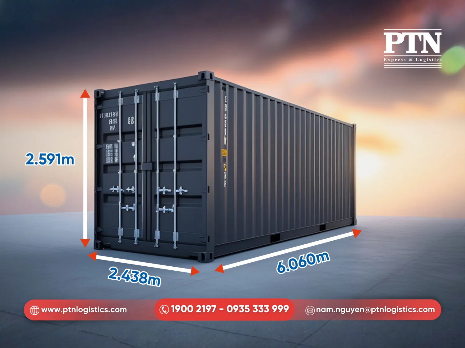 Kích thước phủ bì container 20 feet