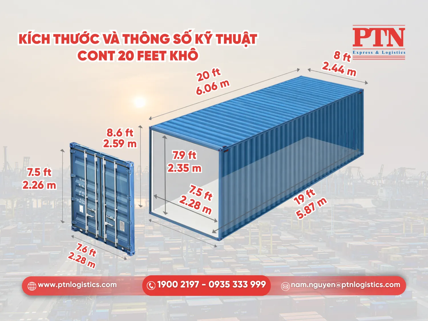 Kích thước và thông số kỹ thuật cont 20 feet khô