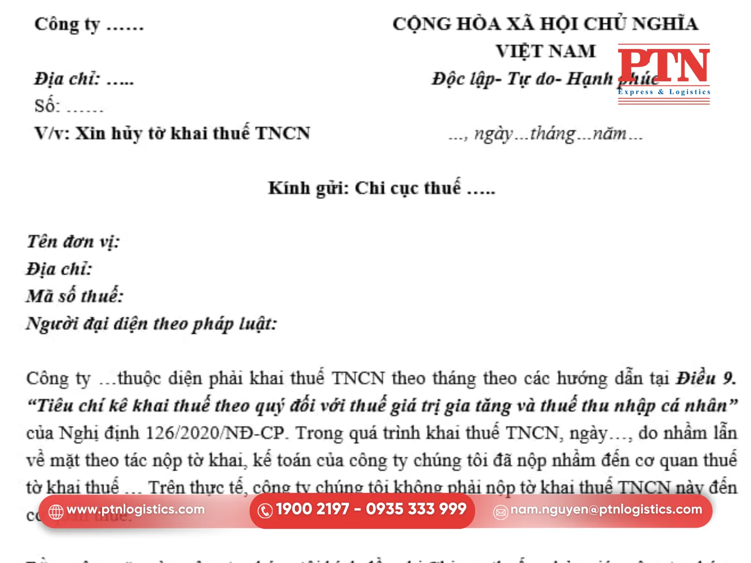 Mẫu công văn xin hủy tờ khai thuế