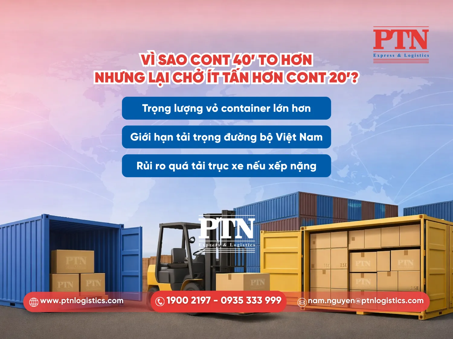 Tại sao cont 40 to hơn nhưng chở ít tấn hơn cont 20