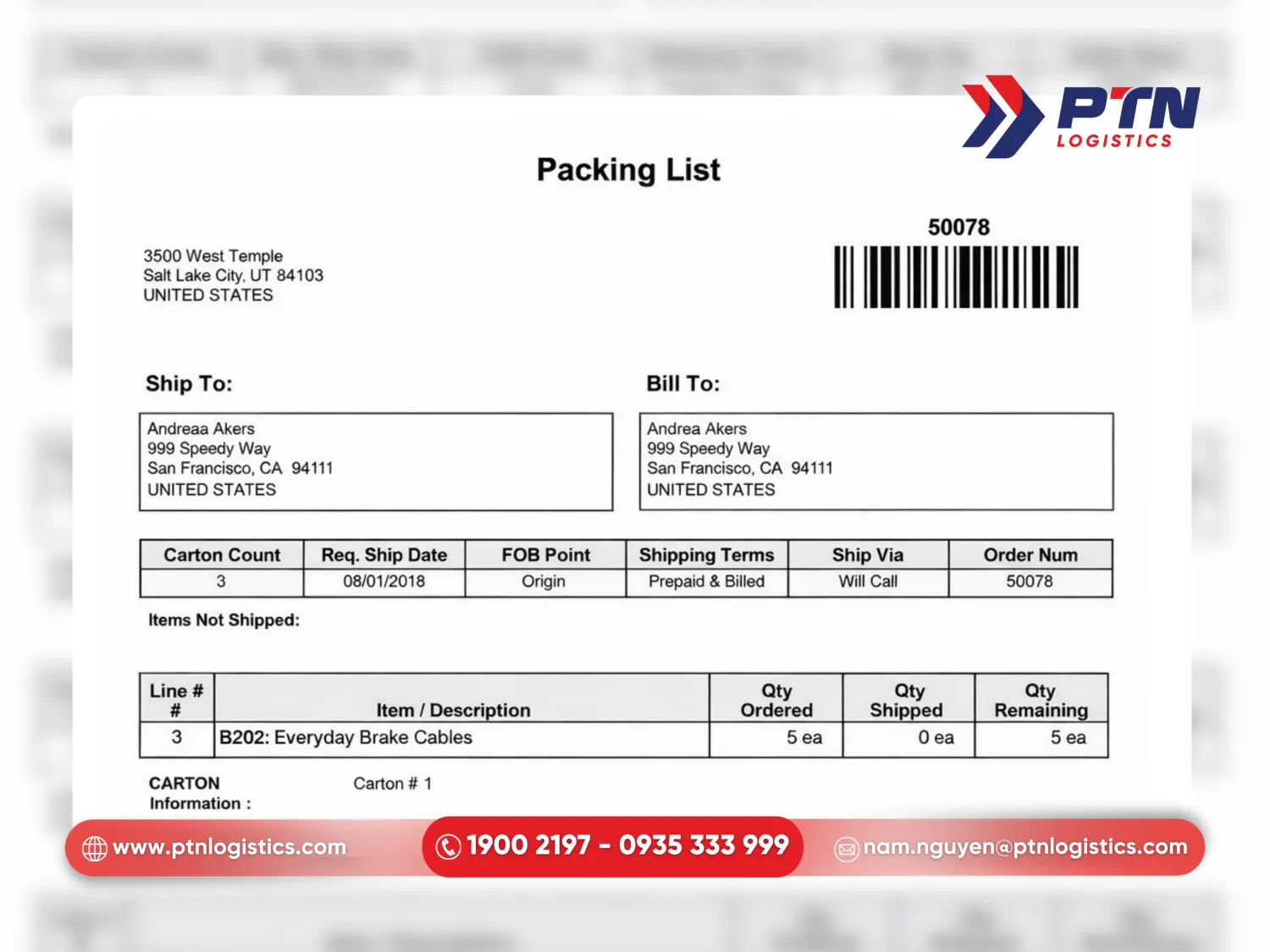 Phiếu đóng gói hàng hóa cung cấp thông số vật lý chi tiết nhất của kiện hàng